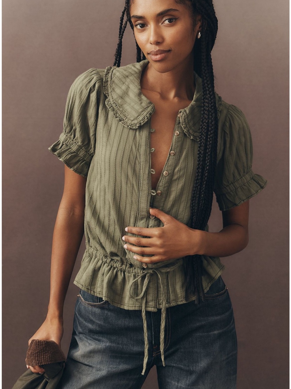 Pilcro Anthropologie The Keira Cinch Tie Short-Sleeve Button Front Peplum Top